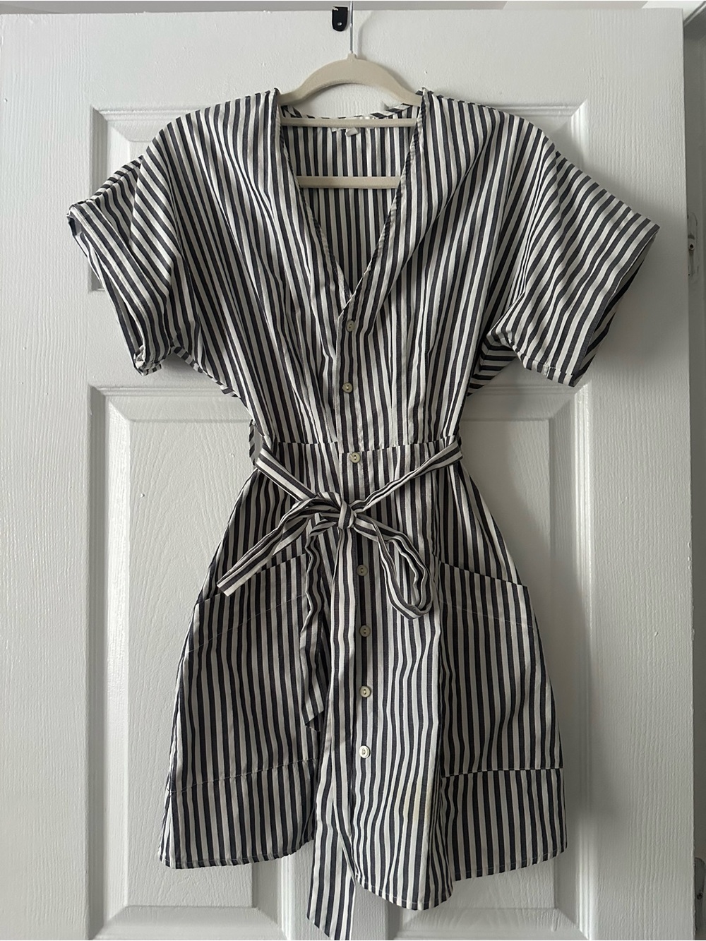 BP Gray & White Striped Button-Front Tie-Waist Mini Dress